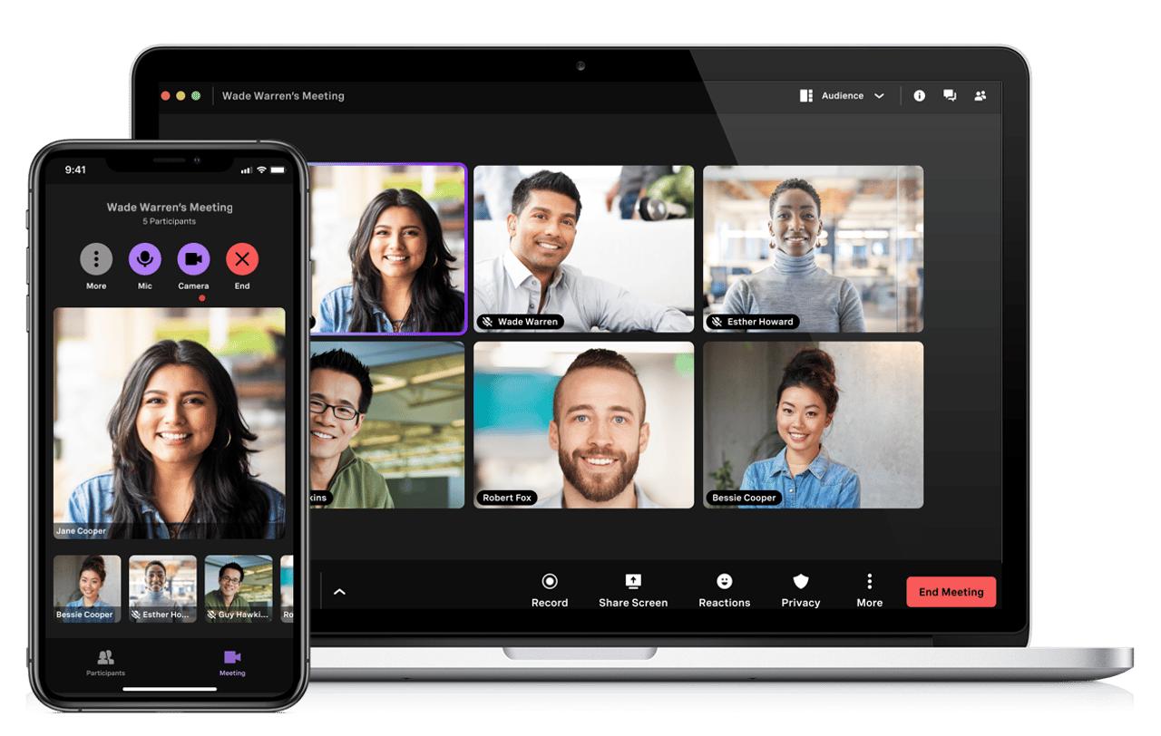 Vonage Meetings es una potente herramienta de colaboración para hasta 200 participantes. Mira el vídeo para obtener más información. imagen de una mujer utilizando Vonage Meetings con la superposición de la captura de pantalla de los participantes