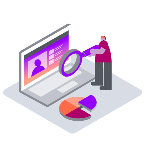 Illustration of an oversized agent holding a large magnifying glass in front of the screen of a laptop, showing a video conference in progress. On the ground in front of the laptop is a poie chart, with one of the slices raised out of the chart.
