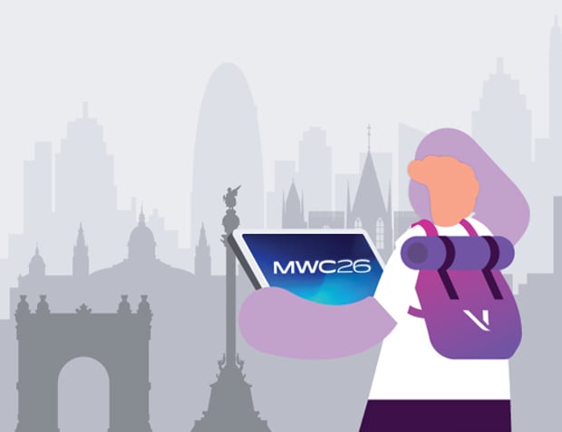 Illustration of person wearing a backpack featuring the vonage logo, holding a screen with the mwc 2026 logo, and looking out at the Barcelona city skyline