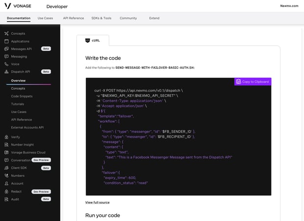 API Developer Center Code View Screen grab of the API Developer Center showing code that can be copied for use.
