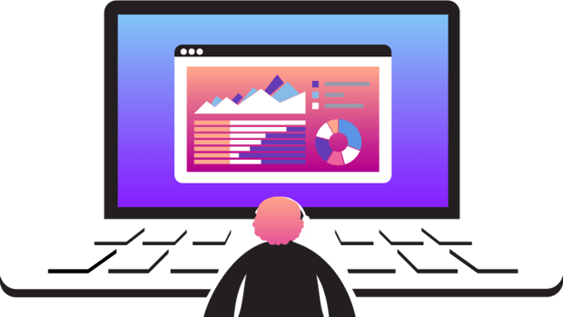 Illustration of person in front of laptop browser displaying charts and dashboard