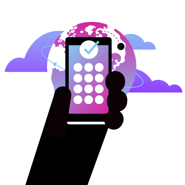 What Is Network API Blog Header Illustration of an upraised hand holding a cell phone. In the background is a globe and clouds.
