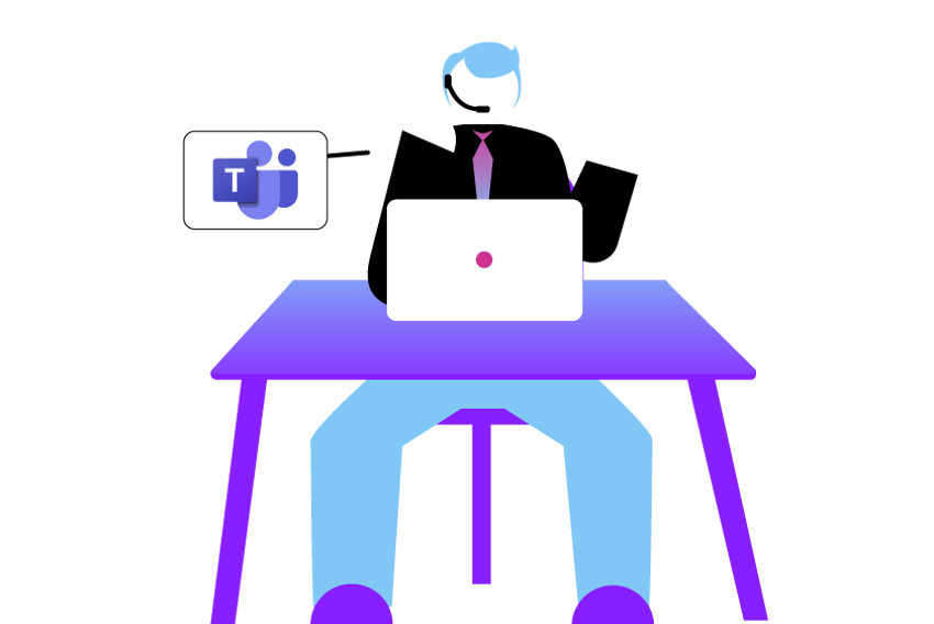 Contact-Center-Teams_840.png Illustration of contact center agent serving customers and collaborating with co-workers with Microsoft Teams