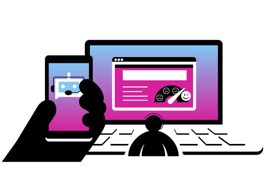 Image of bot on mobile device and call center agent viewing data on sentiment analysis