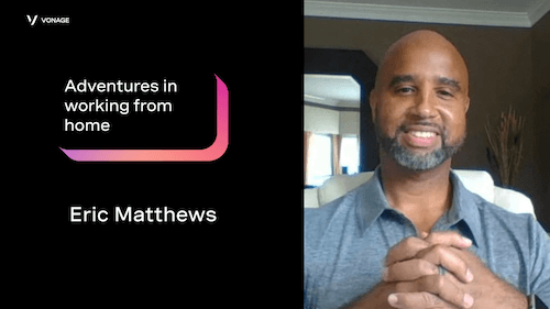 Eric Matthews (Adventures in WFH) A left panel with the title "Adventures in working from home" above the name "Eric Matthews" and a right panel with a headshot of Eric.