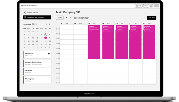 Screen view of the calendaring function within Virtual Receptionist.